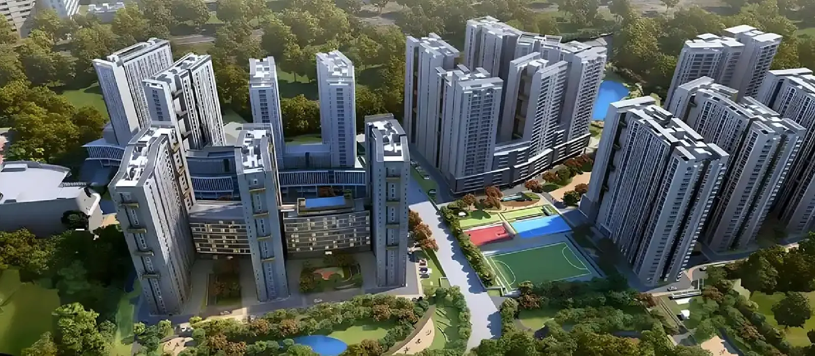 Prestige Kollur aerial view of towers and sports courts