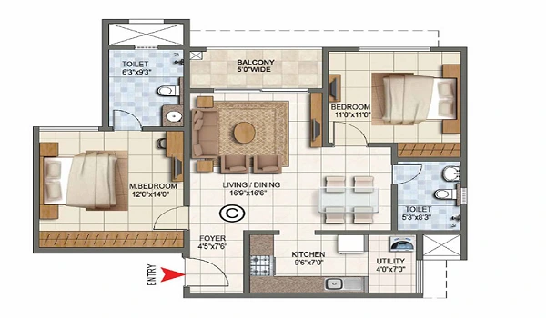 2 BHK, 1,169 – 1,281 sq.ft. floor plan at Prestige Kollur